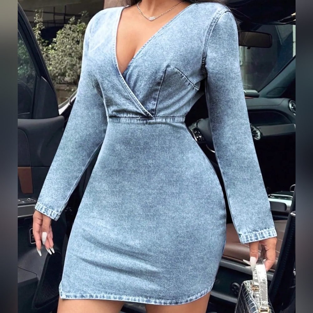 Surplice Long Sleeve Denim Dress - Picture 3 of 6